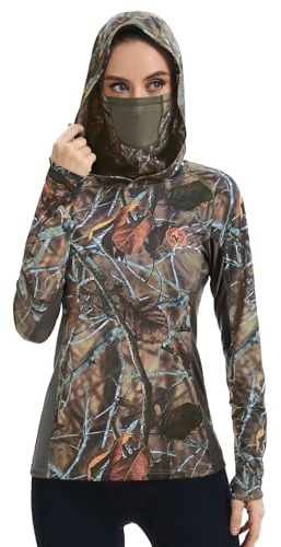 BASSDASH Women's UPF 50+ Camo Hunting Hoodie with Neck Gaiter Breathable Performance Long Sleeve Fishing Hooded Tee FS03W
