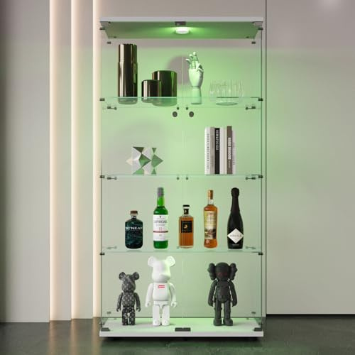 HYNHXBP Vitrine en Verre pour Collection, Armoire de Collection Moderne à Quatre Couches avec 2 Portes, Meuble Vitrine Verre avec LED, pour Chambre, Salon, 80.49x36.49x163.9cm, Blanc