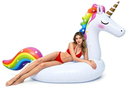 Poojaed Enorme unicornio hinchable, 2,7 m x 1,4 m x 1,2 m, piscina, colchón hinchable, juguetes, unicornio, sillas para deportes acuáticos, diversión en la fiesta de playa de verano, asientos