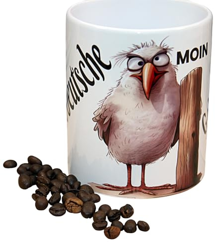 Maritime Tasse Moin – Lustige Möwe auf Poller | Kaffeetasse Norddeutsche Gelassenheit | Küstenkind Becher 330ml | Geschenkidee Nordsee & Ostsee