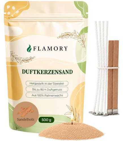 Flamory Kerzensand mit Duft Sandelholz 500g, inkl. 6 Dochte, 80h Brennzeit | Pflanzlicher Duftkerzensand aus der Slowakei, ohne Paraffin, rußarm. Vegan und nachfüllbar. Kerzensand mit Docht und Duft.