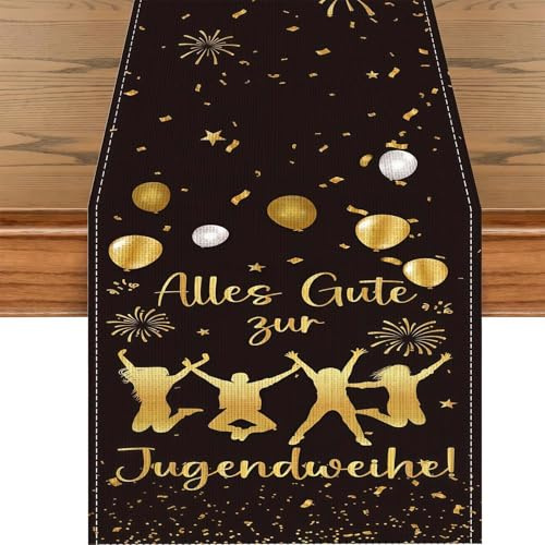 Elegante Jugendweihe Deko Tischläufer Schwarz Gold 180x40cm, Festliche Tischdeko Jugendweihe für Junge und Mädchen, Stilvolle Party Deko Tischband zur feierlichen Gestaltung