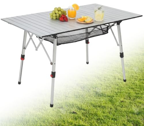 HAUSPROFI Campingtisch Klappbar Aluminium Höhenverstellbar 120x70cm, Silber | Groß für 4-6 Personen, Falttisch leicht mit Tragetasche & Netztasche, Klapptisch Camping Tragbar für Picknick Garten Balkon