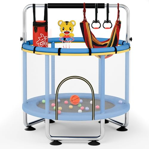 SOFTHOM Trampolin Kinder, 150cm Kindertrampolin, Trampolin Outdoor/Indoor für Kinder mit Verstellbares Turnstange, 250KG Belastbar, 360° Sicherheitsnetz, Basketballkorb, Schaukel, Ozeanbälle, Blau