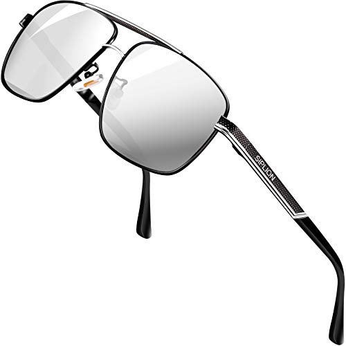 SPLION Herren Fahrerbrille Polarisierte Sonnenbrille Rechteckige Metall Rahmen Silber 1823 UV400 CAT 3 CE