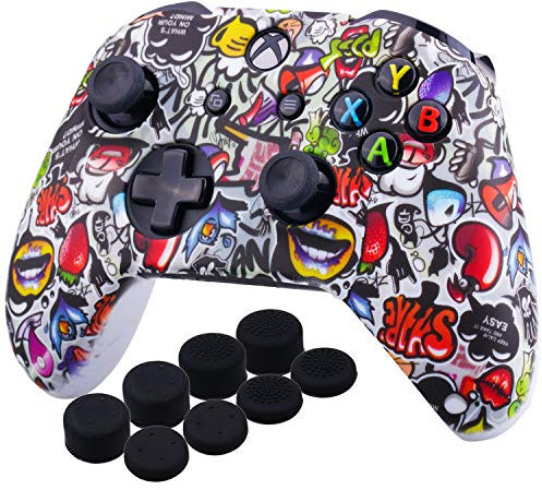 YoRHa Rubber Rubber Silicone Case for Xbox One S/X Controller x 1 (Lovely Graffiti) with Pro Thumb Grips x 8