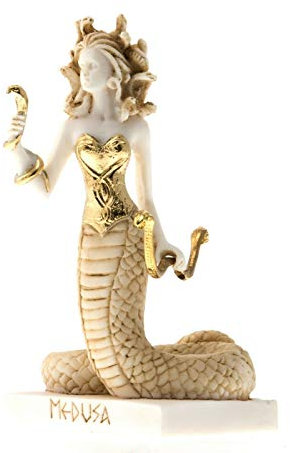 Medusa Antikes griechisches Schlangenkopfmonster, Alabaster, Goldton, 17 cm