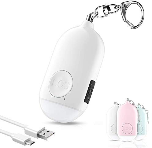 Persönlicher Alarm Schlüsselanhänger, Wiederaufladbar Taschenalarm Panikalarm 130dB Laut Selbstverteidigung Sirene mit LED Lampe für Frauen Kinder Mädchen und ältere Menschen (Weiß)