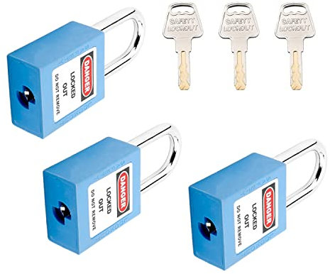 MroMax Cerradura de etiquetado de bloqueo, candado de seguridad con llave igual, candado de seguridad Loto con grillete de acero, candado azul para bloquear etiqueta, 3 unidades