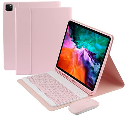 Custodia con Tastiera per iPad PRO 12.9 2021/2020 [Supporta Ricarica A Matita]- Cover Posteriore in TPU Morbido, Tastiera Wireless Rimovibile con Mouse Bluetooth,Rosa,iPad PRO 12.9 2020
