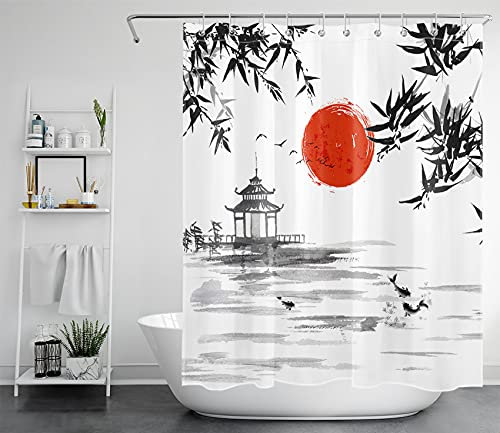 LB Japanische Rote Sonne Duschvorhang 150x200cm Bambus und Koi Antischimmel Wasserdicht Badezimmer Vorhänge, Schwarz und weiß Extra Lange Polyester Stoff Bad Vorhang mit Haken