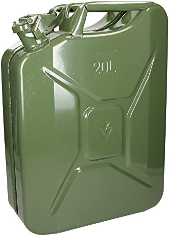 Benzinkanister Kraftstoffkanister Metall 20 Liter Olivgrün mit UN-Zulassung für Gefahrgüter nach GGSV. Außerdem ist er TÜV- und GS-geprüft.