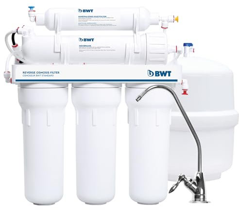 BWT Standard Umkehrosmose für den Haushalt ohne Pumpe, 75 GPD, Durchflussmenge 8 l/h, 12-Liter-Tank, 6 Stufen mit Mineralisierung, Rückgewinnungsrate 10–20 Prozent, Einlassdruck 3–6 bar