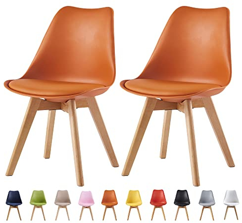 mcc direct Set of 2 Dining Chairs Wooden Legs Soft Cushion Pad Stylish DELUXE Retro Lounge Dining Office EVA (Orange)