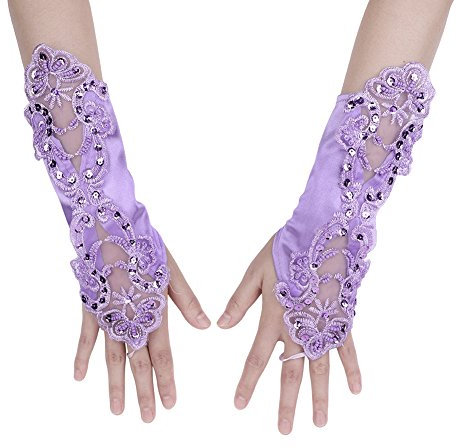 XGOPTS Bridal Fingerless Gloves, Ladies Lace Satin Sequins Wedding Gloves Finger Loop Goth Hand Wear for Prom Evening Masquerade Tea Party Fancy Dress Photography (purple)