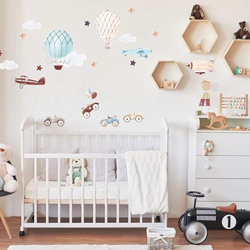 INSPIO Wandtattoo Auto Flugzeug Heißluftballons Kinderzimmer Junge Wandsticker Car Kinder Wandaufkleber Retro Babyzimmer Pastell Fahrzeuge, Braun, Beige, Blau