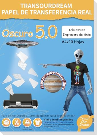 TransOurDream-Papel de Transferencia Para Camisetas y Tejidos Oscuro 5.0 | (A4x10 Hojas)Fácil de Usar, Compatible con Impresoras de Inyección de Tinta,Marca de confianza, ES-3-5.0-10