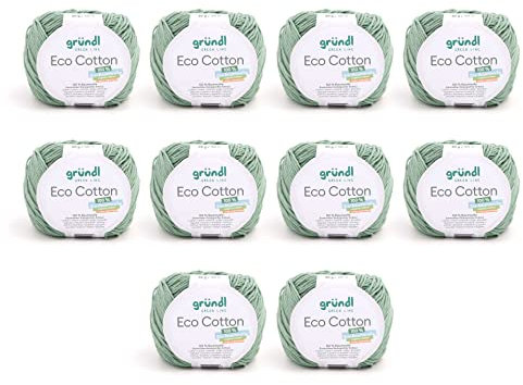 Gründl Wolle Eco Cotton - Wolle zum Häkeln - Wolle zum Stricken - Häkelgarn - Weich und hautfreundlich - 100% Bio-Baumwolle - 10 Knäuel 50 g / 105 m - Nadelstärke 3,5-4,5 - maigrün