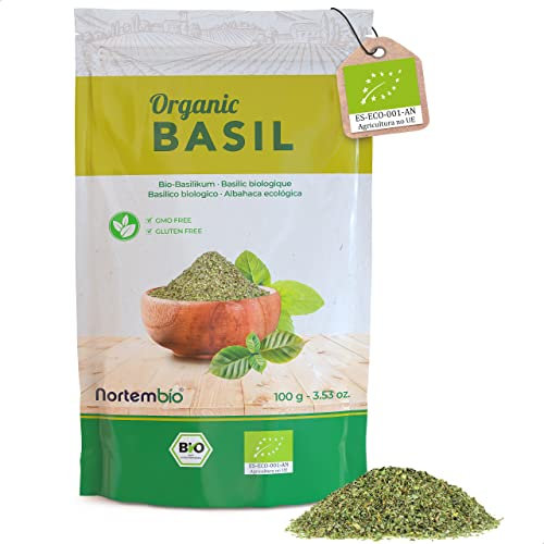 Nortembio Ökologischer Basilikum Getrocknet 100 g. 100% Natürlichen Ursprungs. Geriebenes Basilikum ohne Zusatzstoffe und Konservierungsmittel. Schonend Basilikum für Pesto und Soßen.