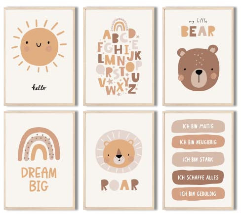 MeinBaby123® 6er Set DIN A4 Wandbilder | Kinderzimmer Poster | Deko Bilder | Affirmationen | ABC Poster | Babyzimmer Deko (Süße Tiere V1)