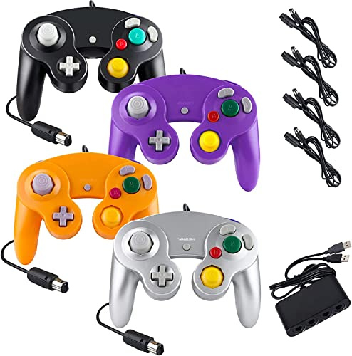 Burcica Lot de 4 manettes pour Gamecube, avec 4 câbles d'extension et adaptateur USB à 4 ports pour console Switch PC Wii U