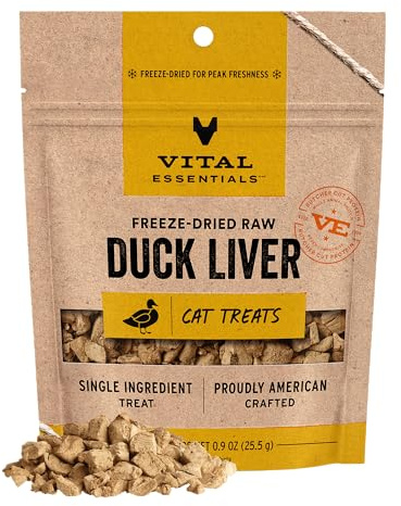 Vital Essentials Freeze Dried Cat Treats | Duck Liver, Single Ingredient | Premium Quality | Grain Free, Healthy Treats for Cats, 0.9 oz Bag