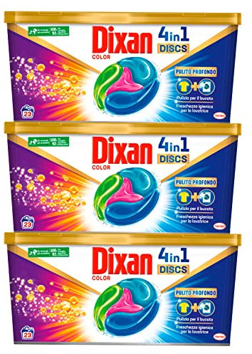 Dixan Discs Color Detersivo per Lavatrice Azione 4in1 Pulito Profondo Per Bucato Panni Vestiti Colorati Rimuove Macchie Ostinate - 3 Confezioni da 23 Capsule