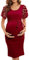 Caziffer Robe de Maternité à Manches Courtes Robe Grossesse avec Ceinture à Col Rond Couleur Unie pour Femme Été (Vin Rouge, L)