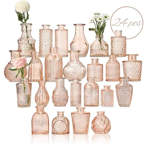 Timeliss 24-teiliges Glasvasen-Set, transparente kleine Vasen für Blumen, Glasvasen für Tafelaufsätze, Mini-Vintage-Knospenvasen in Großpackung für rustikale Hochzeiten, Blumenarrangements,