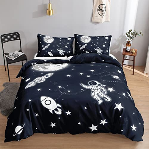 HOSIMA Raketen-Bettwäsche-Set für Erwachsene, Jungen und Mädchen, Cartoon-Astronaut, Rakete, Planet, Bedruckt, Bettbezug mit 2 Kissenbezügen (Raketen-Astronaut S)