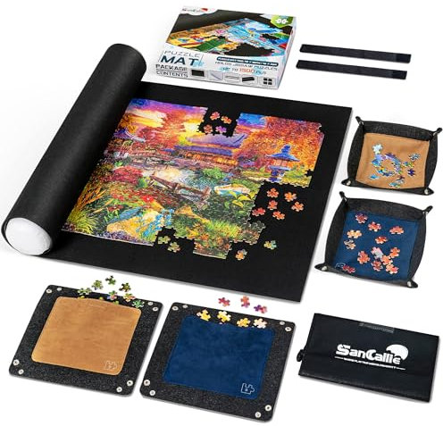 Sancallie Puzzlematte Rolle Jigsaw Aufbewahrung Filzmatte, Jigroll bis zu 1500 Teile mit 4 Puzzle Tabletts, Material für Jigsaw Puzzle Spieler, Box mit Kordelzug Aufbewahrungstasche
