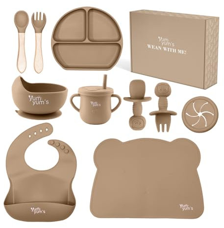 Yum Yum's Baby 10 Pcs Mocha Weaning Set - Complete Toddler Feeding Kit w/Sectioned Plate, Suction Bowls, Cutlery with Mouth Guard, Straw Cup, Bib & Mat - Non-Slip - for Toddlers & Baby Gift