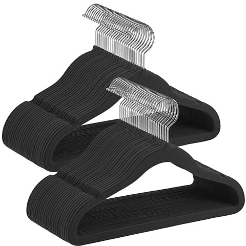 SONGMICS Kinderkleiderbügel, 50er Set Kleiderbügel Kinder, Baby-Kleiderbügel, Bügel Samt, 360° drehbarer Haken in Silber, platzsparend, rutschfest, für Kleiderschrank, tintenschwarz CRF027B05
