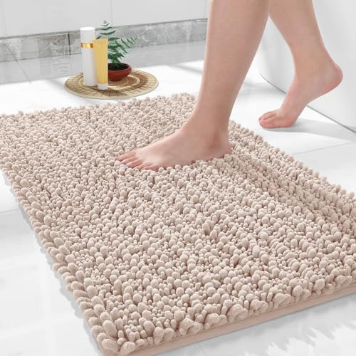 Yimobra Chenille Badematte rutschfest - Weicher Badvorleger Maschinenwaschbar - Mikrofaser Absorbent Badteppich, für Dusche und Badezimmer, 43 x 61 cm, Beige