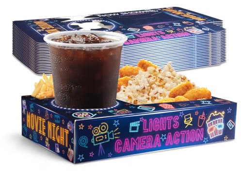 Papier-Snack-Tabletts für Filmabende, Neon-Leuchten, Partyzubehör, Filmabend, Party, Kino, Motto-Party, Glühen, Geburtstagsparty, Vintage-Filmabend, Familien-Film, Popcorn, Getränke und