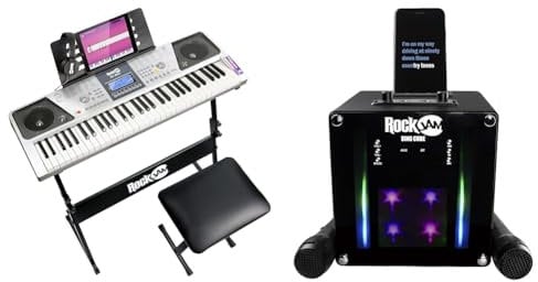 RockJam 61 Key Keyboard Piano Kit with Digital Piano Bench, Electric Piano Stand, Headphones Note Stickers, Grey & RJSC01-BK Singcube 5-Watt Rechargeable Bluetooth Karaoke Machine with Two Microphones