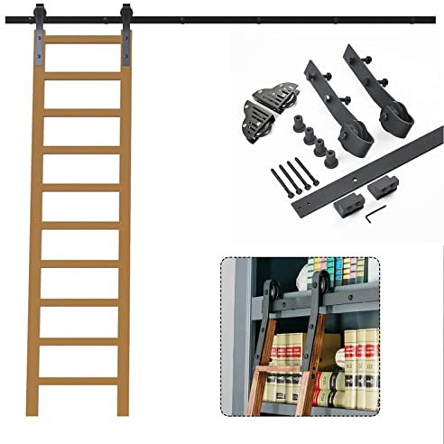 Schiebeleiter-Hardware, Kompletter Satz Bibliotheks-Rollleiter-Schienen-Kit, Schiebeleiter-Schienen-Hardware Mit Bodenrollen (Ohne Leiter), Schwarzes Rollen-Bücherregal-Hardware-Kit (Größe (200 cm (