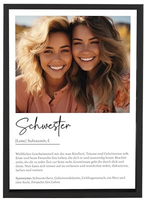 Wackadoo Bilderrahmen Personalisiertes Poster Schwester, Wandbild mit Foto und Text auf hochwertigem Papier, Bilderrahmen und Glasscheibe fotogeschenk personalisiert, personalisiertes geschenk