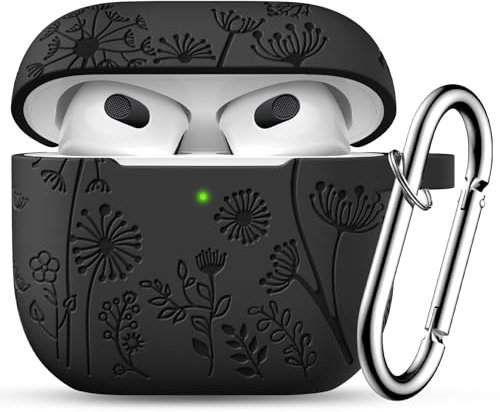 Ouwegaga Flower Engraved Case for Airpods 3rd Generation Case, Soft Silicone Shockproof Protective Cover Compatible with Apple Airpods 3 Case Cover 2021, with Carabiner [Front LED Visible], Black