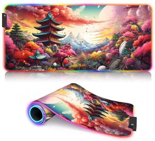 XL Grands Tapis Souris Japon Paysage RGB Jeu Tapis Souris XL (31,5 x 11,8 x 0,12 Pouces) Tapis Souris Gamer étendu Tapis Souris Tapis Accessoire 9 Couleurs statiques et 3 dynamiques