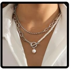 Wedity Retro Layered Pearl Halskette Paper Clip Kette Choker Halsketten OT Schnalle Halskette Schmuck für Frauen und Mädchen (Silber)