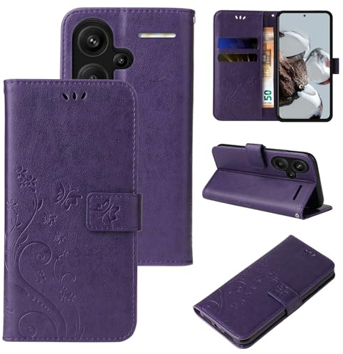 LBH Handy Hülle für Xiaomi Redmi Note 13 Pro+ 5G Case Handytasche Schmetterling Blumen Flower Standfunktion Schutzhülle Magnet Rundum Schutz 360 Grad Flipcase Cover Violett