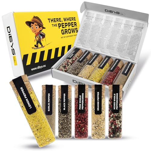 DIBYS THERE, WHERE THE PEPPER GROWS Pfeffer Geschenk-Set | 6 erlesene Pfeffer-Variationen im Reagenzglas inkl. Rezepte | Spannender, vielfältiger Pfeffer-Mix | Geschenk für Hobbykoch & -köchin
