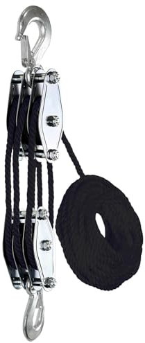 Paranco a corda – Puleggia antiruggine a blocco, carrucola per attrezzatura, resistenza alla rottura di 997,9 kg, paranco a corda resistente con gancio di sicurezza, paranco a cricchetto da 15,2 m,