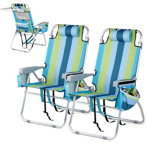 VINGLI Tall Beach Chair 2 Pack Lightweight, Backpack Beach Chair for Adults with 5-Position, Cooler Bag, Cup Holders, Towel Bar, Lightweight Folding Beach Camping Chairs (Blue/Green-16
