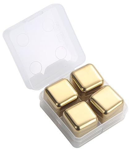 4 st isstenar, whiskysten, metallisbitar, rostfritt stål återanvändbar snabb kylning ren iskubsten med silikonistång för vinöl dryck dryck (Guld)