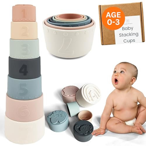 Pumpkin Products® Premium Silicone Baby Stacking Cups, Soft Teething Toys, 7-Piece Silicone Bath & Learning Set, Early Development, BPA-Free, Multi-Color (Pastel)