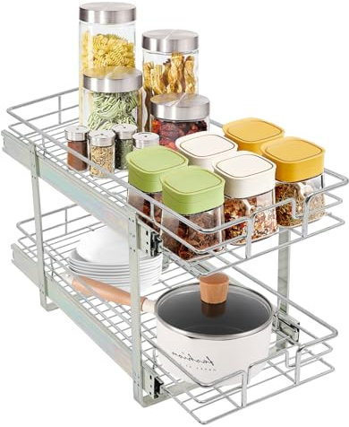 MINRS Küchenregal zum Rausziehen Küchenschrank Organizer 2 Ebenen Schiebeschubladen Küche Verstellbare Höhe für Badezimmer, Küchen, Schrank, Arbeitsplatte, Unter Waschbecken, Pantry Silber