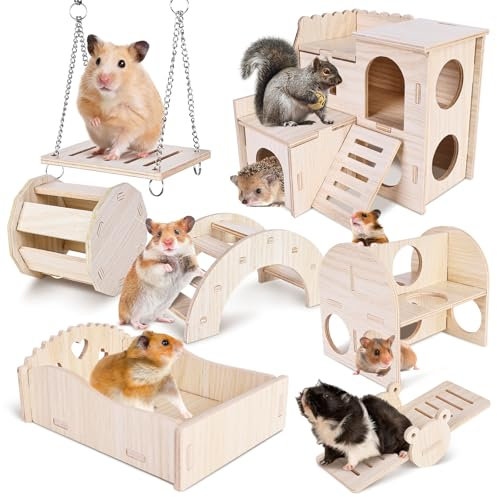 Maison Hamster: Kit 7 Pièces avec Accessoires, Jouets à Mâcher et d'Escalade, Pont, Balançoire, Maison en Bois pour Chinchilla