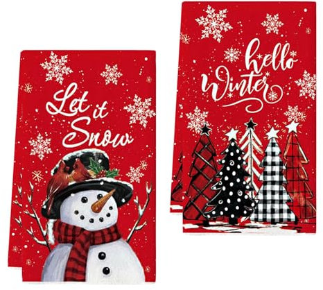 YUNHENTONG Paños Cocina Navidad, 2 Piezas Paño Cocina Navideños 18 x 26 Pulgadas Toallas de Cocina Navidad Lindo Kitchen Towels Navidad, Paños de Cocina para Hogar Artículos Navideños (Rojo)